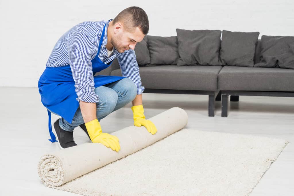 Professional cleaner rolling up a rug